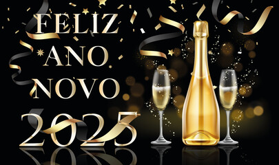 cartão ou banner para desejar um feliz ano novo 2025 em ouro com uma garrafa e duas taças de champanhe em um fundo preto com círculos e serpentinas de efeito bokeh