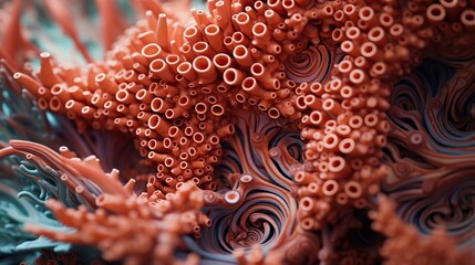 A close up of a coral reef with blue and orange colors.