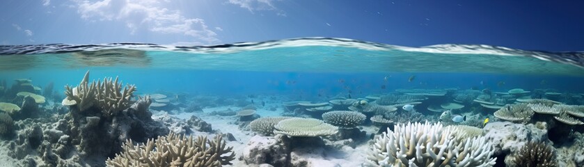 Naklejka premium A beautiful over-under photo of a blenched coral reef.