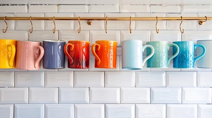 A row of colorful ceramic mugs hanging from hooks against a white backsplash, adding personality to the kitchen.