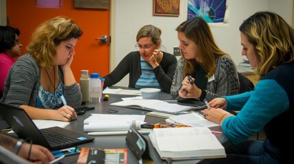 Obraz premium Group of people discussing in a meeting, great for themes of teamwork, education, and professional development.