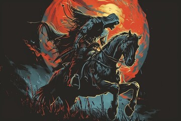 Horror themed t-shirt design of A bareback rider holds on tight as their horse charges through the darkness