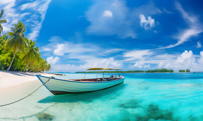 Naklejka premium Excursion motorboat at a sandy beach with palm trees. Beautiful panoramic tropical landscape with turquoise ocean and blue sky with clouds.