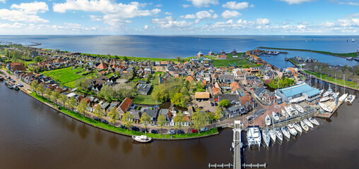 Aerial panorama from the city Stavoren at the IJsselmeer in Friesland the Netherlands
