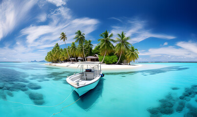 Wide panoramic view of a tropical island with palm trees and a sandy beach and a cruise motor boat anchored off the coast.