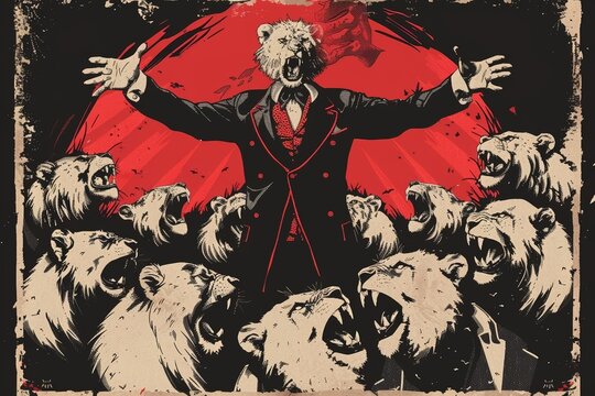 Horror themed t-shirt design of The lion tamer commands attention as ferocious beasts surround them