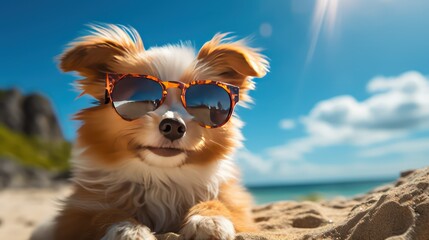 Cute dog in sunglasses on the beach. Close-up.