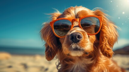 Naklejka premium Cocker Spaniel dog with sunglasses on the beach. Close-up.