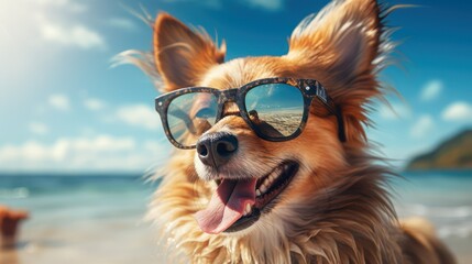 Chihuahua dog wearing glasses on the beach. Concept of travel and vacation.
