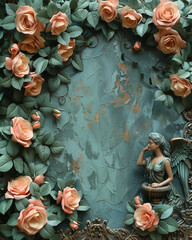 Statue of angel.  Flower on a wooden background. Valentines day blue background. valentines day concept with copy space. love and romance banner. flowers and branches on a grungy blue background. Fram