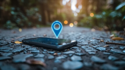 Location pin icon symbol sign on phone in the street showing the location, navigation online nowadays, map travel location