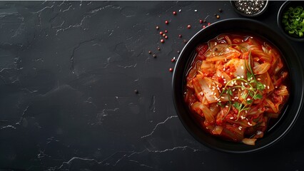 Korean kimchi top down view, flat lay, minimalist and copy space