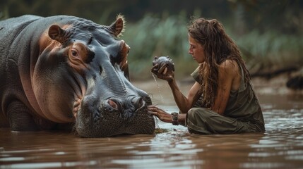 Fototapeta premium Close interaction between a human and a hippopotamus in a natural, muddy water habitat