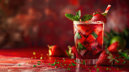 horizontal banner, Portugal day celebration, glasses, fruity alcoholic cocktail with mint, fresh ripe strawberries, strawberry mojito, red background, copy space for text