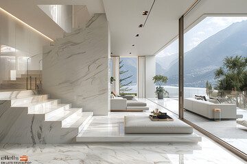 A modern white living room with floor-to-ceiling windows offering panoramic views of the mountains, featuring a marble staircase that adds a sense of grandeur to the space