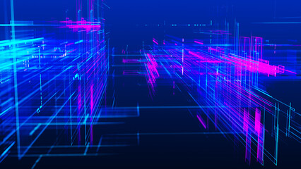 Abstract techno background. Three-dimensional composition of intersecting multi-colored grids. Information technology concept. Digital cyberspace with particles. 3d rendering.
