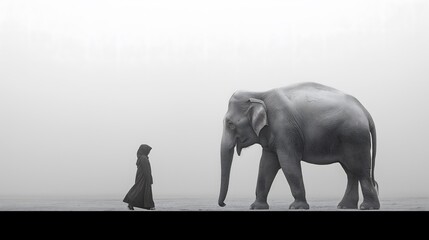 Obraz premium Minimalist black and white artwork of an elephant and a cloaked figure