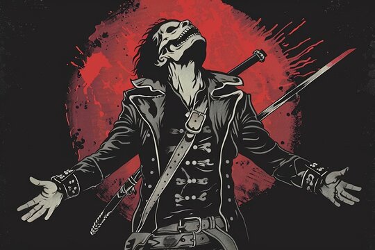 Horror themed t-shirt design of The sword swallower captivates the audience with their daring act