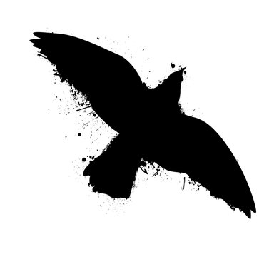 recommend clip art: silhouette of a black bird with blots. hand drawing. Not AI, Vector illustration