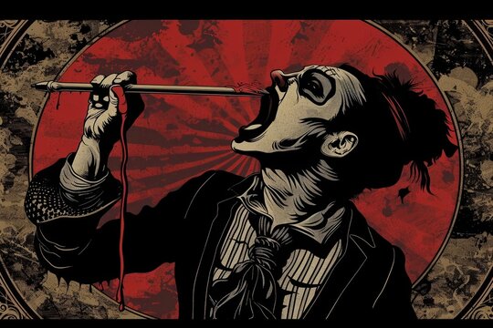 Horror themed t-shirt design of The sword swallower captivates the audience with their daring act