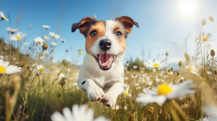 Happy dog jumping in the field of daisies. Jack Russell Terrier