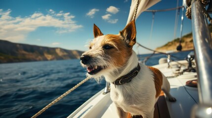 Jack russell terrier dog on the deck of a sailing yacht