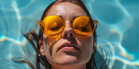 Fototapeta premium Woman Wearing Yellow Sunglasses Floating in Pool