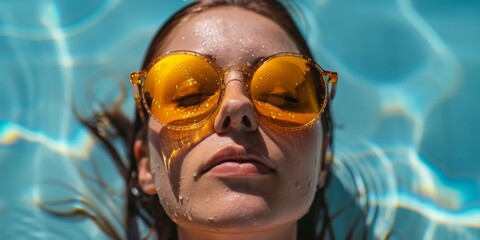 Woman Wearing Yellow Sunglasses Floating in Pool
