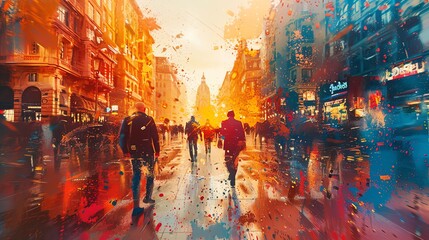 Obraz premium Impressionist painting of a busy city street with people walking in the rain.