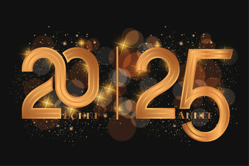 carte ou bandeau pour souhaiter une bonne année 2025 en or et noir sur un fond noir avec des rond en effet bokeh