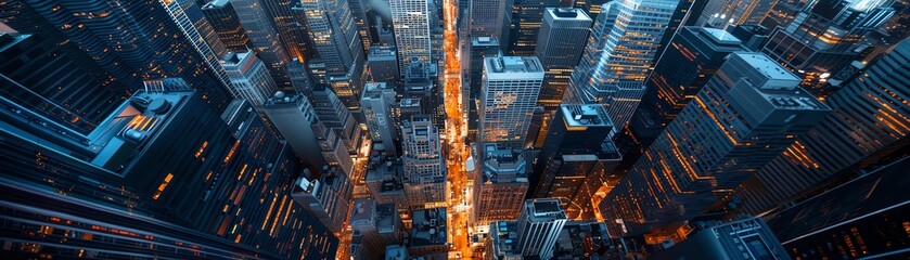 A stunning aerial view of a bustling city street, with towering skyscrapers and busy traffic below.