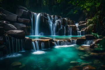 Beautiful view of waterfall in the forest at night.