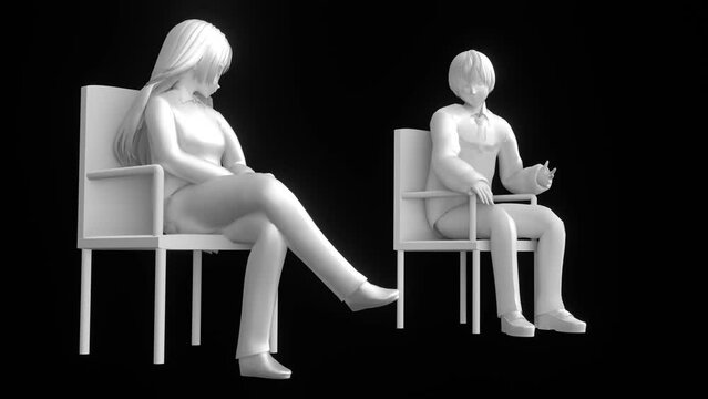 A seamless loop animation of one whistleblower: The one minutes female newscaster or anchor's interview scene as 3d modeling white&nbsp;mannequin drawing figures and movie on the deep black background. 