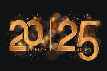 tarjeta o pancarta para desear un feliz año nuevo 2025 en oro y negro sobre un fondo negro con círculos en efecto bokeh