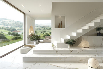 A modern white living room with floor-to-ceiling windows that frame picturesque countryside views, featuring a marble staircase that blends seamlessly with the natural surroundings