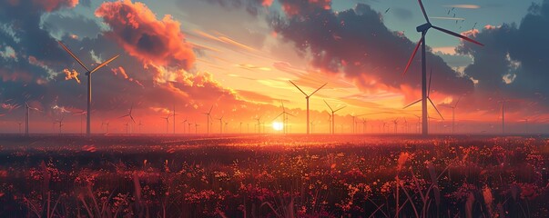 A beautiful landscape image of windmills in a field of flowers at sunset