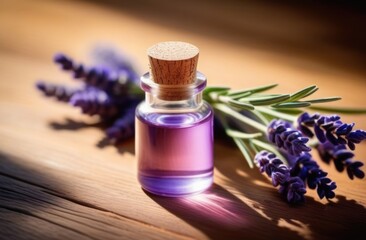 a small transparent glass bottle of lavender oil on a wooden table, a fresh bouquet of lavender, a bunch of purple flowers, eco-friendly medicinal solution, sunny day