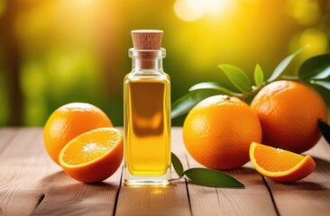 small transparent glass bottle of orange oil on a wooden table, ripe oranges, eco-friendly medicinal solution, natural green background, sunny day