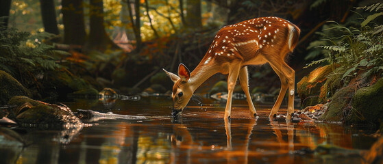 Peaceful deer sipping from a serene forest stream, showcasing nature's grace and tranquility.