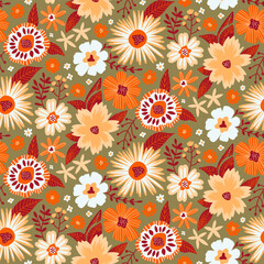 Floral Seamless Pattern in Flat Style in Orange, Olive Green, White, Dark Red, Sandy Brown Colors. Repeat Wallpaper Print Texture. Perfectly for Wrapping Paper, Textile, Fabric, Decor Ornament.