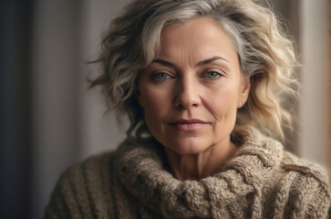 Thoughtful Mature Woman with Silver Hair in a Chunky Knit Sweater Gazing Out of a Window Reflectively