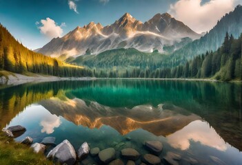 Beautiful morning view of lake and mountains.