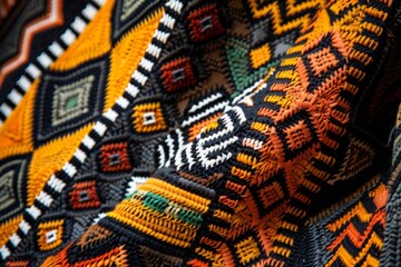 Vibrant traditional African tribal patterns on a colorful blanket placed on a table