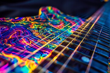 A detailed view of colorful abstract strings on a guitar, creating a visually striking pattern