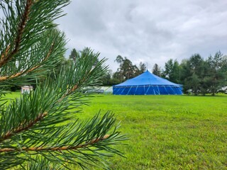 Magnificent Blue and White Striped Circus Tent Standing Tall in a Vibrant Green Meadow, Surrounded...