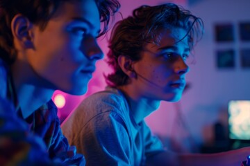 A closeup of two friends sitting side by side, focused on their game controllers in a dimly lit gaming room
