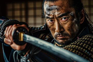 A closeup of a focused Japanese samurai in traditional attire wielding his sword with precision