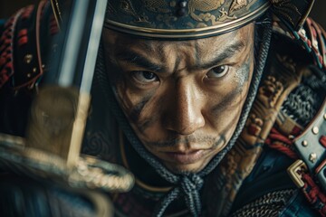 A Japanese samurai in traditional attire focuses intensely, holding a sword with precision and determination