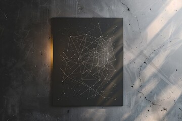High-angle view of a sophisticated grey poster with intricate network pattern illuminated by soft light on a wall