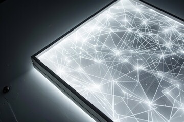 A sleek grey light box displaying a sophisticated network pattern illuminated by soft ambient lighting